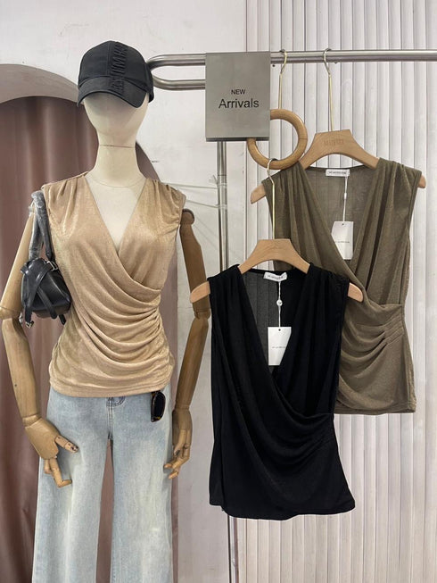 Sleeveless Wrap Design Ruched Tops